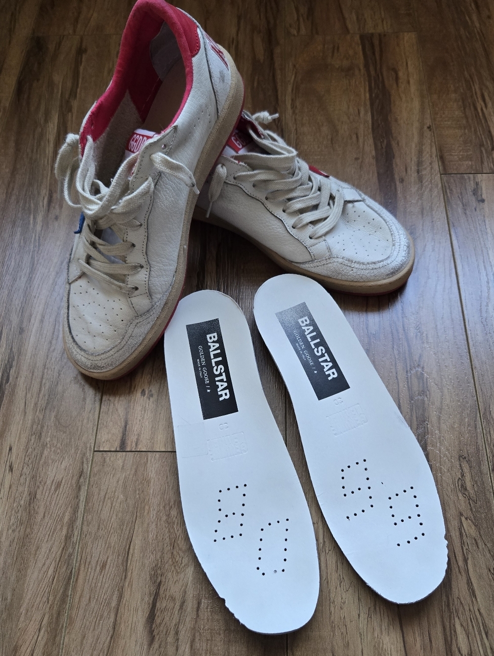 Golden Goose Ball Star White Leather Sneakers with Blue & Red Star Size 39 - Picture 3 of 6